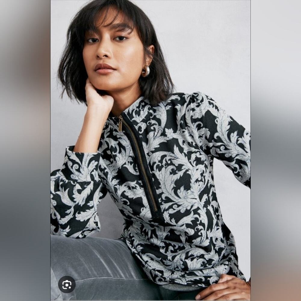 Soft Surroundings Winona Half Zip Sweater Medium Mock Neck Paisley Damask Gray